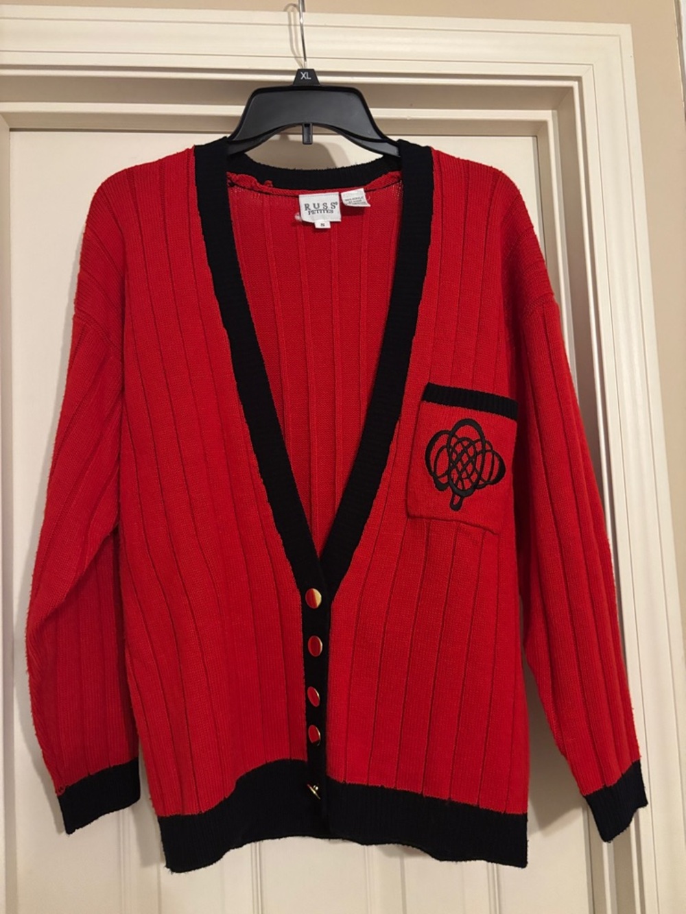 Russ Red Cardigan with Black Trim and Pocket Detail women’s Small